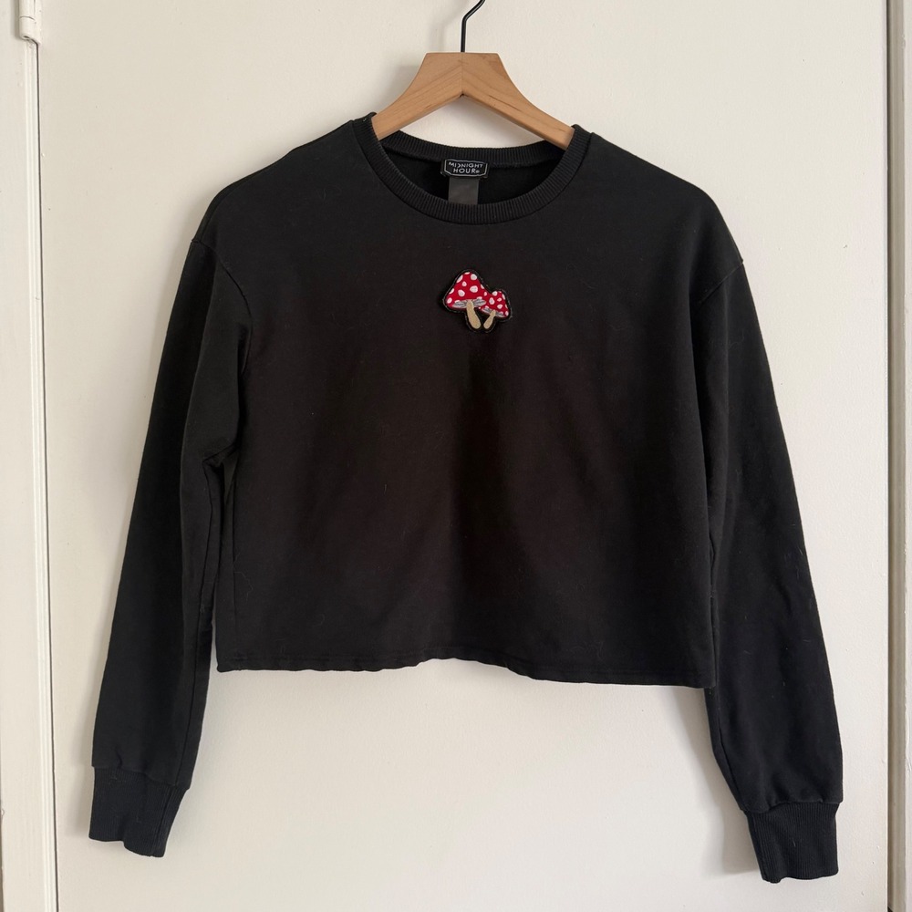 Midnight Hour Black Cropped Mushroom Top Y2K Whimsygoth Festival Streetwear